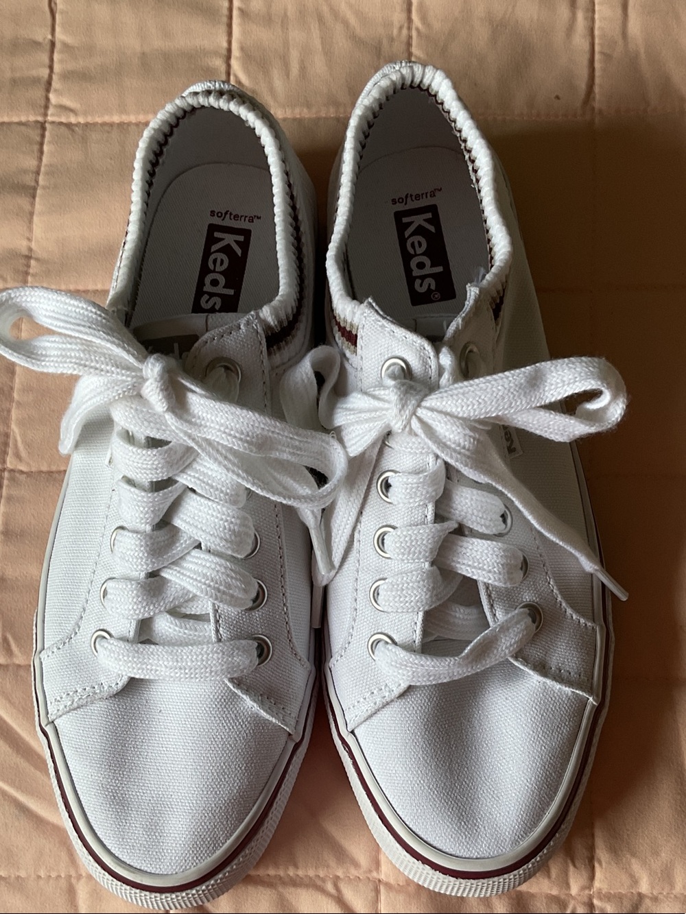 Keds White Canvas Low-Top Sneakers with Burgundy Trim - Picture 2 of 5